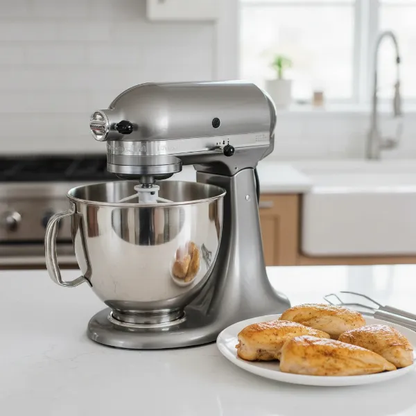 KitchenAid stand mixer with flat beater attachment, ready for chicken shredding.