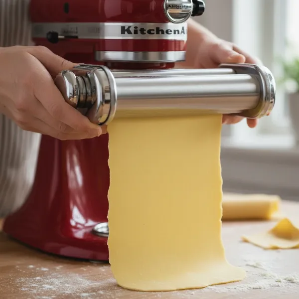 A stand mixer with a pasta roller attachment actively flattening fresh pasta dough into a thin sheet.