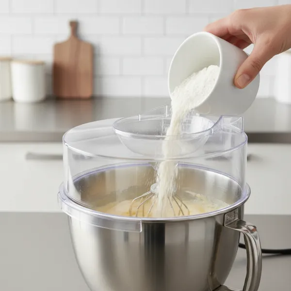 Stand mixer with a transparent pouring shield in use, demonstrating controlled ingredient addition and splatter prevention.
