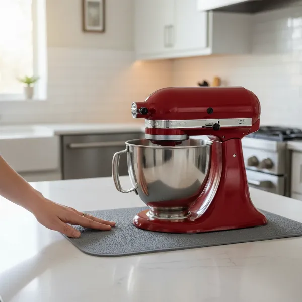 Stand mixer on a slide mat protecting a kitchen countertop from scratches and heavy lifting.