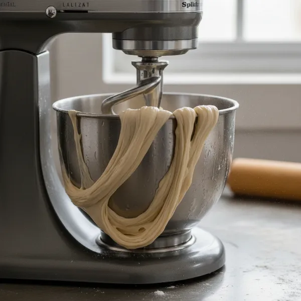 A stand mixer equipped with a specialized spiral dough hook kneading dough effectively.