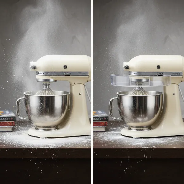 Stand mixer with splash guard preventing flour mess and keeping kitchen clean.