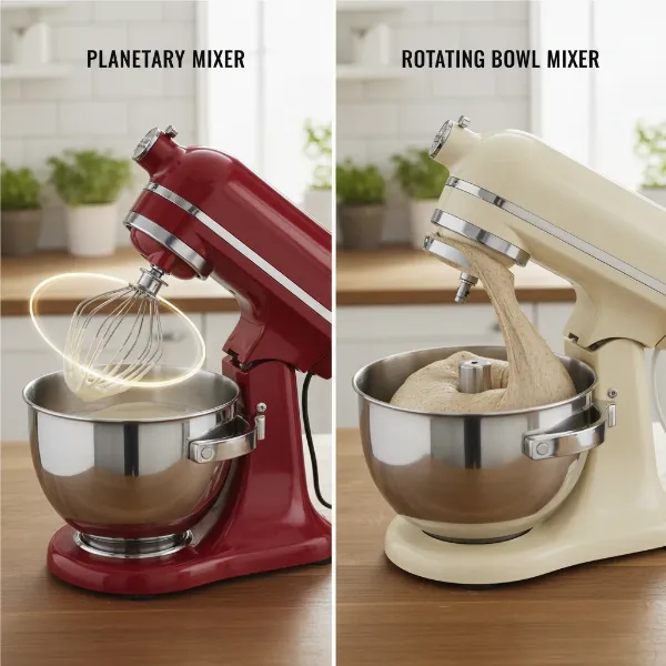 Illustration comparing planetary and rotating bowl stand mixers for baking.