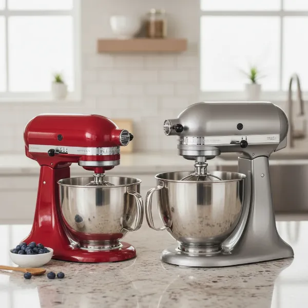 Side-by-side comparison of a red tilt-head stand mixer and a silver bowl-lift stand mixer.