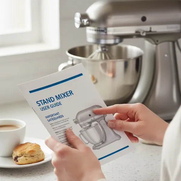 A person thoughtfully reading the user manual for a new stand mixer.
