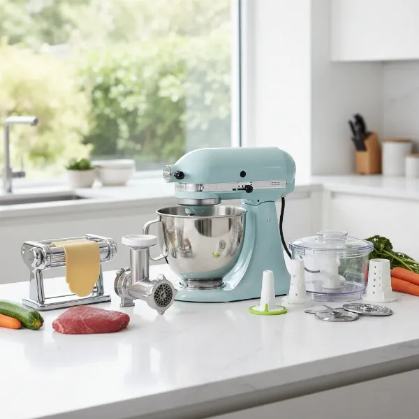 A stand mixer showcasing multiple culinary attachments for enhanced kitchen versatility