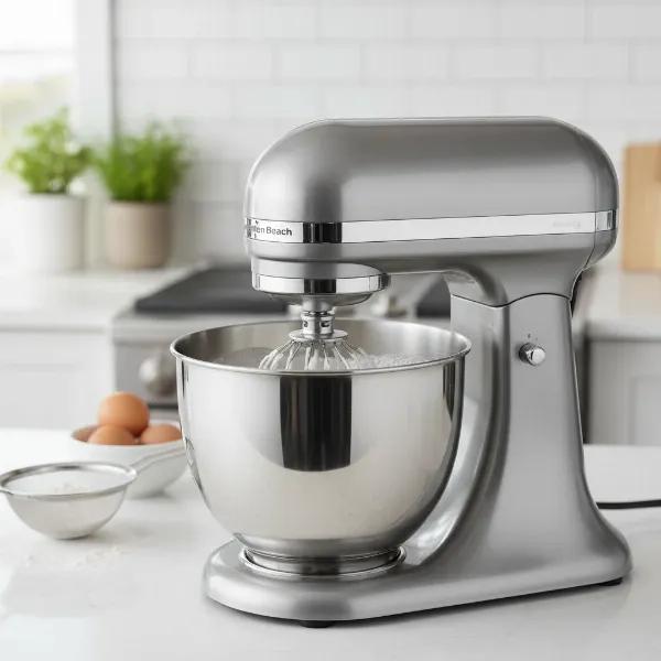 Hamilton Beach stand mixer actively whipping egg whites into stiff peaks in its bowl