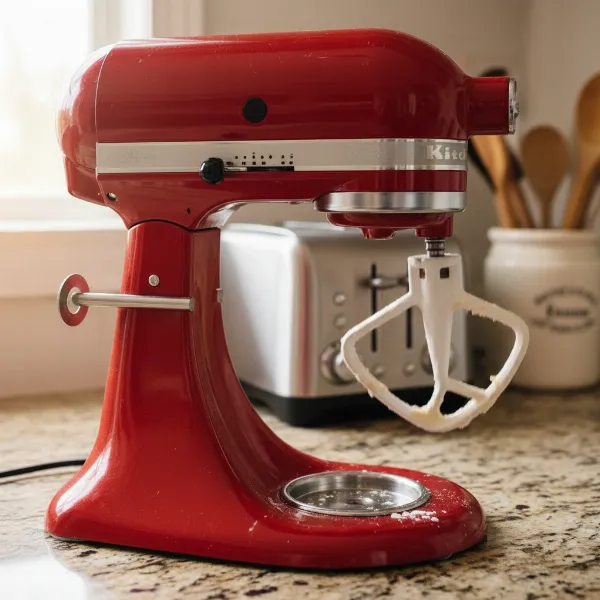 A stand mixer with a wobbly tilt-head, showing the loose hinge pin protruding.