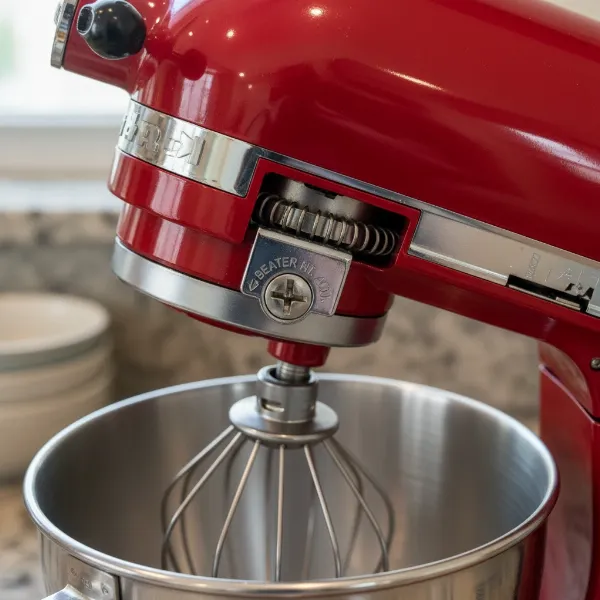 Close-up of a tilt-head stand mixer showing the beater height adjustment screw.