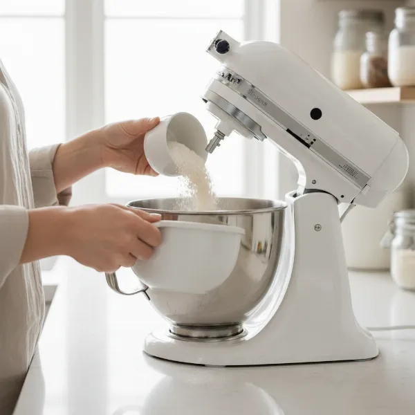 A person adding ingredients into a tilt-head stand mixer with its head tilted back.