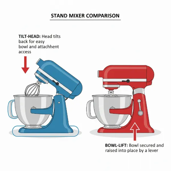 comparison of tilt-head and bowl-lift stand mixers with different access methods