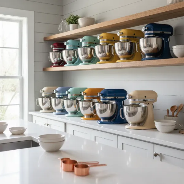 Array of colorful stand mixers on a shelf, inspiring joy and culinary creativity in a kitchen.