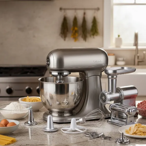 Viking stand mixer demonstrating versatility with various attachments for different culinary tasks.