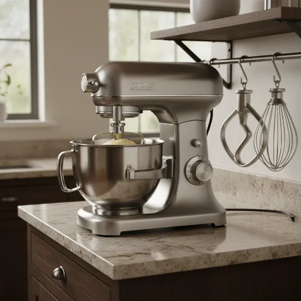 Viking professional stand mixer with bowl and attachments, showcasing its robust design and power.