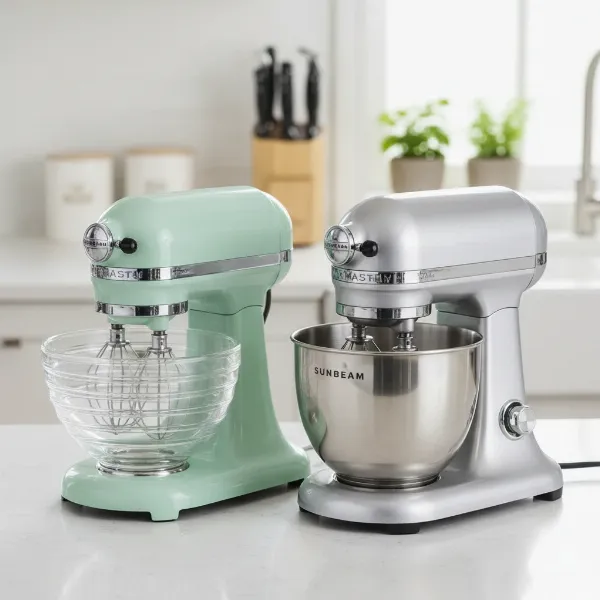 Two Sunbeam Mixmasters, one vintage and one modern, side by side for comparison.