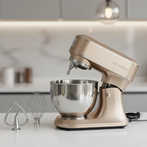 Close-up of VIVOHOME stand mixer, showing its tilt-head design, sleek finish, and various attachments.