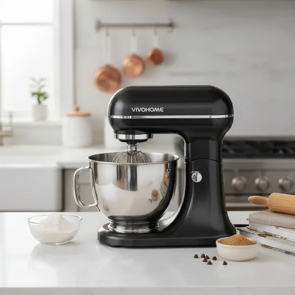 A VIVOHOME 6-quart stand mixer in a modern kitchen setting, ready for baking tasks.