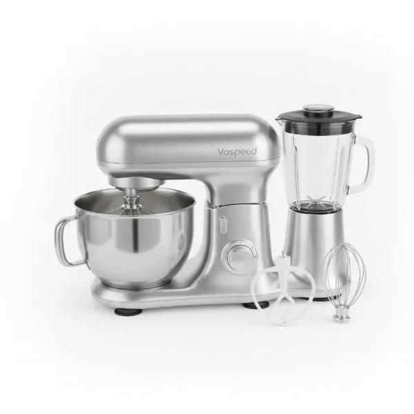 A detailed view of the Vospeed 3-in-1 stand mixer showcasing its main unit, mixing bowl, and blender attachment