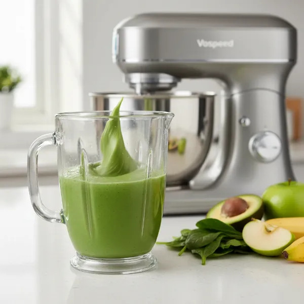 Vospeed 3-in-1 stand mixer in use, blending a vibrant green smoothie in its glass jar