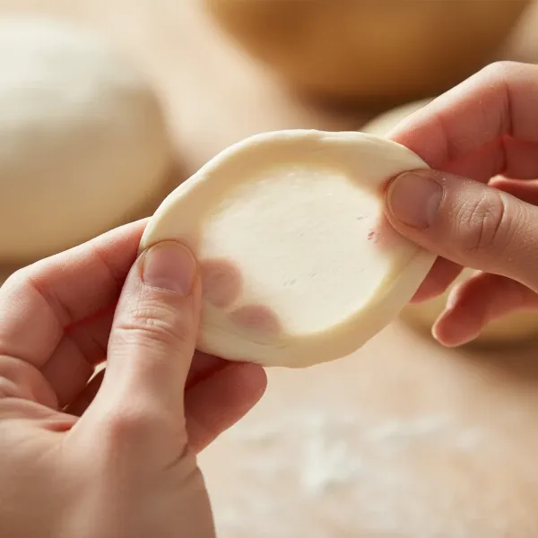Hands gently stretching a small piece of bread dough to perform the windowpane test.