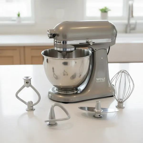 Wolf Gourmet stand mixer showing its 7-quart bowl and included spiral dough hook, flat beater, and wire whisk.