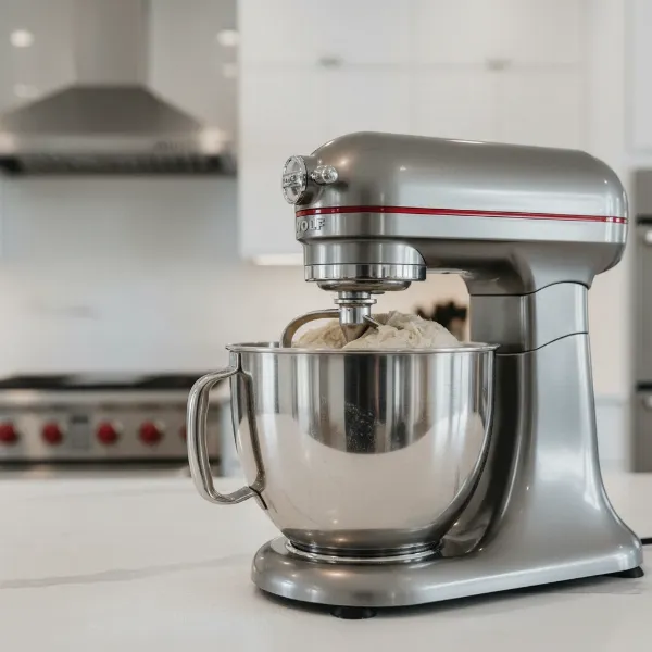 Wolf Gourmet stand mixer in stainless steel, powerful motor kneading thick bread dough smoothly in a kitchen.