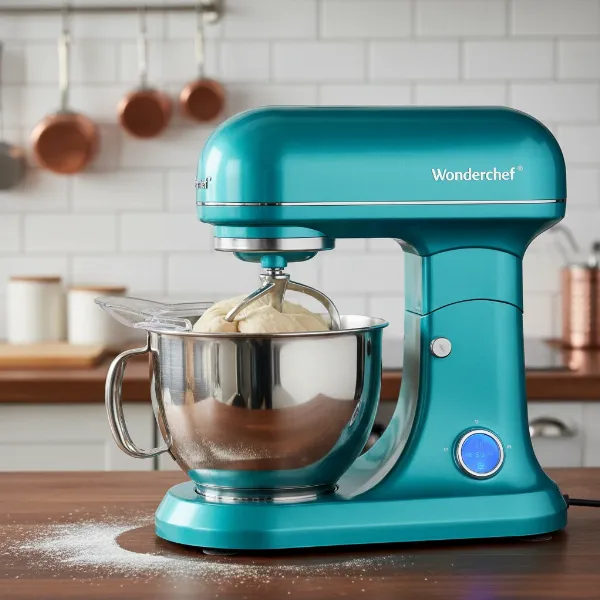 A Wonderchef REVO stand mixer with planetary mixing action and metal housing, mixing dough.
